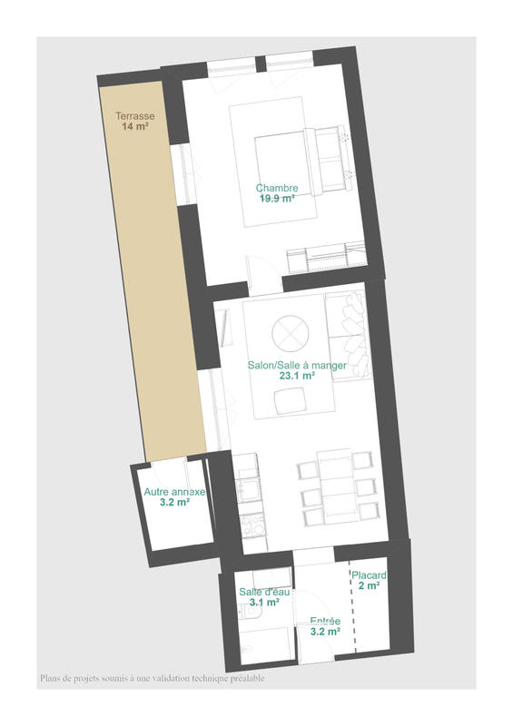 Appartement - 47 m² - 2 pièces