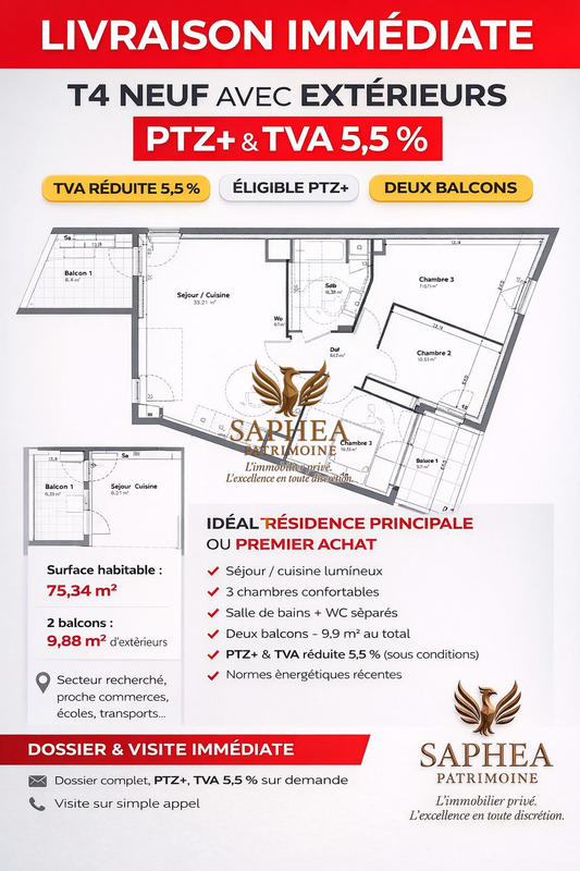 Appartement - 76 m² - 4 pièces