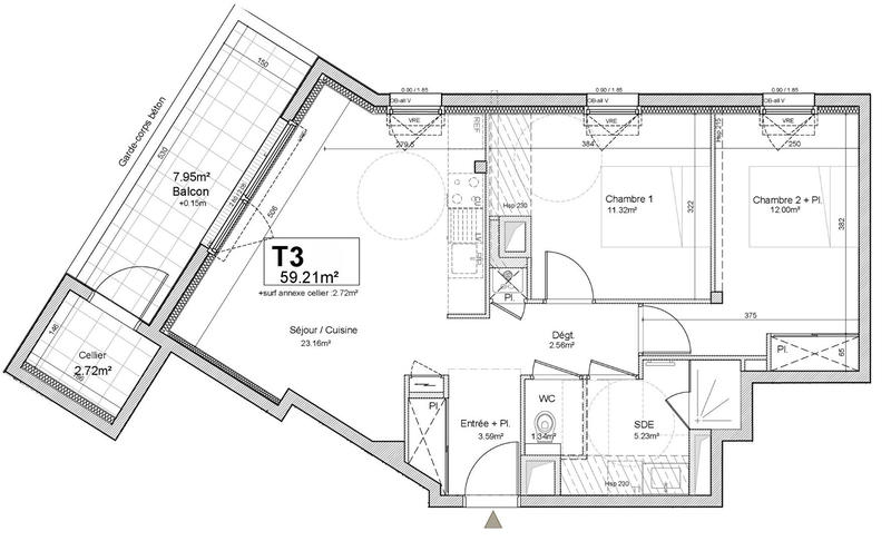 Appartement - 59 m² - 3 pièces
